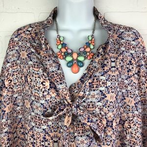 Concepts 3x Blue Orange Floral Pussy Bow Blouse P3
